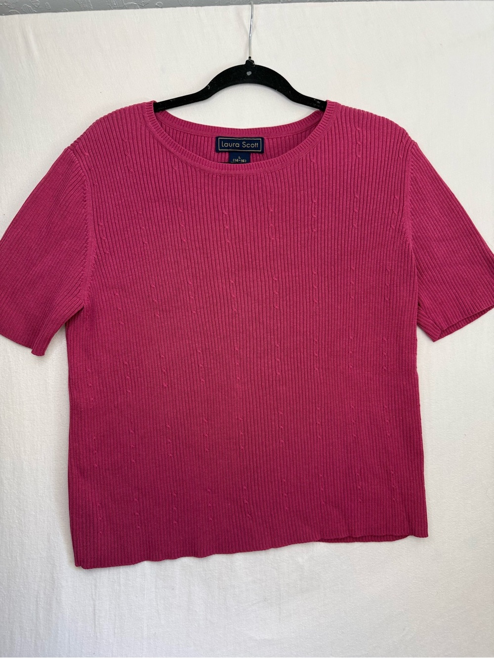 Laura Scott Women's Short Sleeve Ribbed Knit Top in Fuchsia L